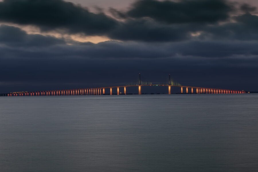 Sunshine Skyway Bridge At Dawn With Orange Lights