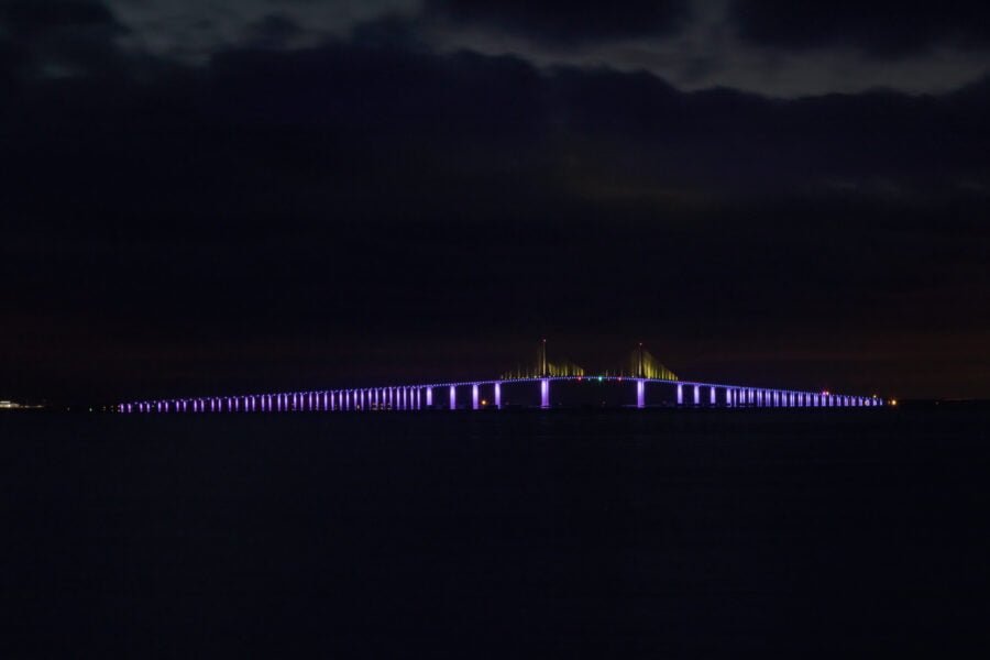 Sunshine Skyway Bridge With Purple Lights Predawn