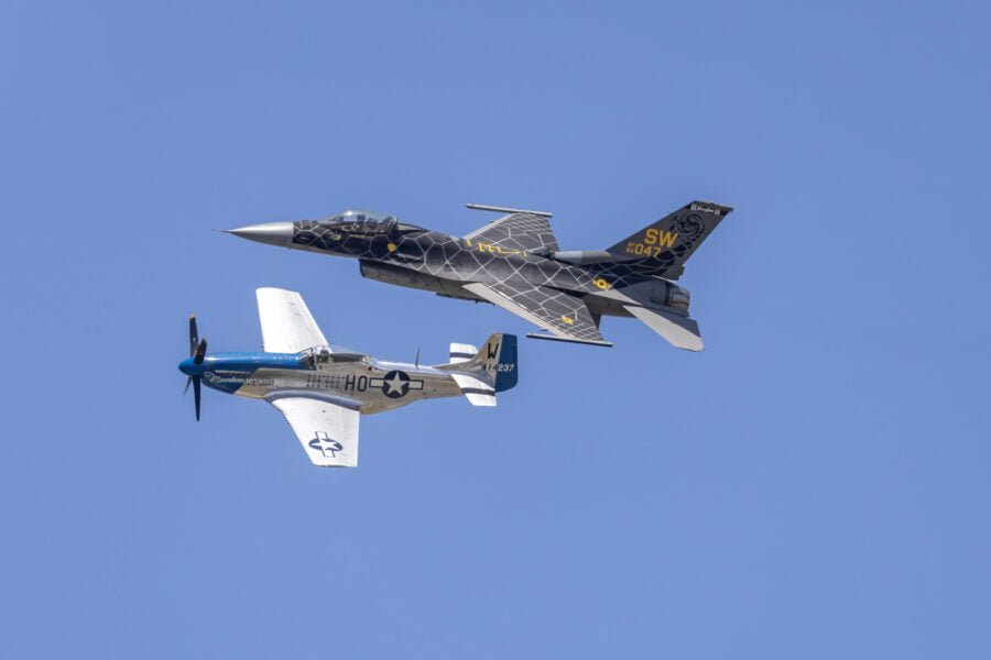 F 16 Falcon And P 51 Mustang Fly By To Left