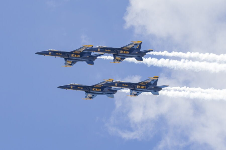 Us Navy Blue Angels Diamond Formation Fly By To Left With Smoke