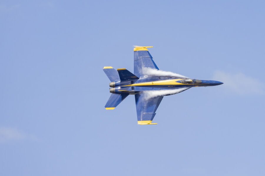 Us Navy Blue Angels Solo Fly By With Wing Vapor