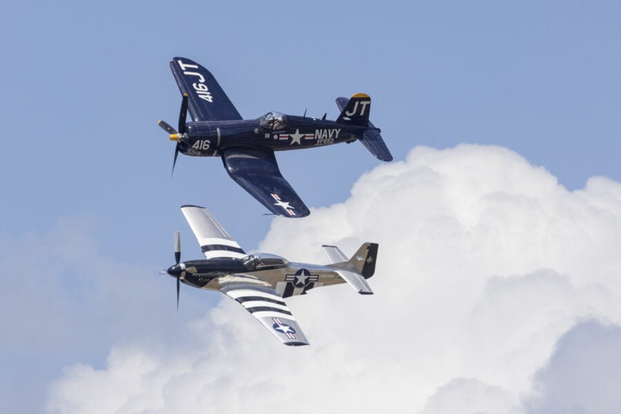 F4u Corsair And P 51 Mustang Fly By To Left