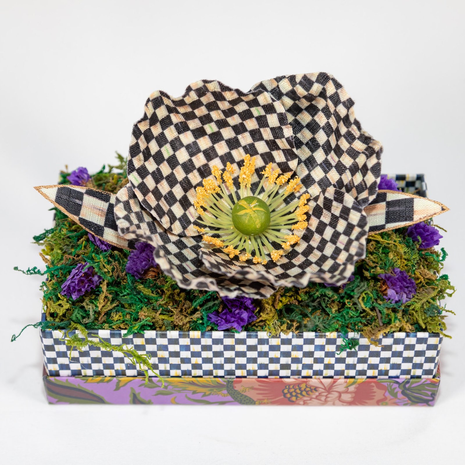 Black And White Checkered Box And Flower With Purple Flowers