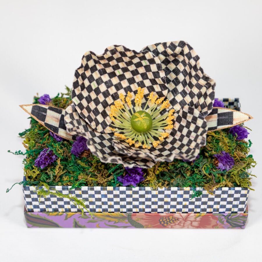 Black And White Checkered Box And Flower With Purple Flowers