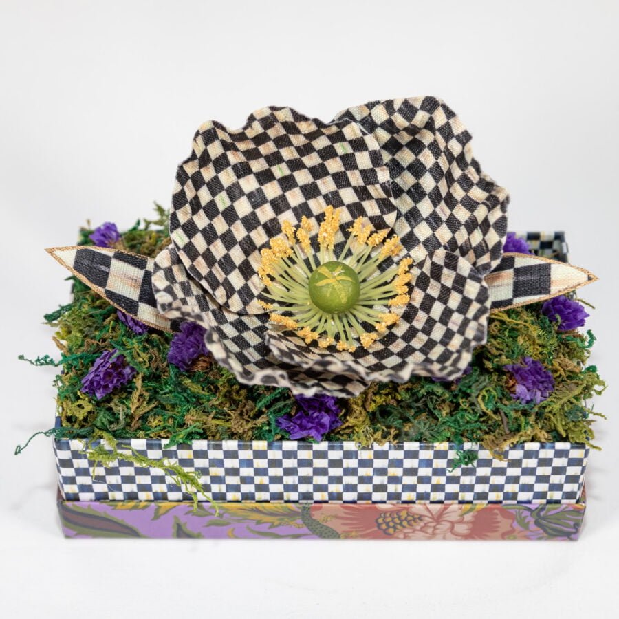 Black And White Checkered Box And Flower With Purple Flowers Top