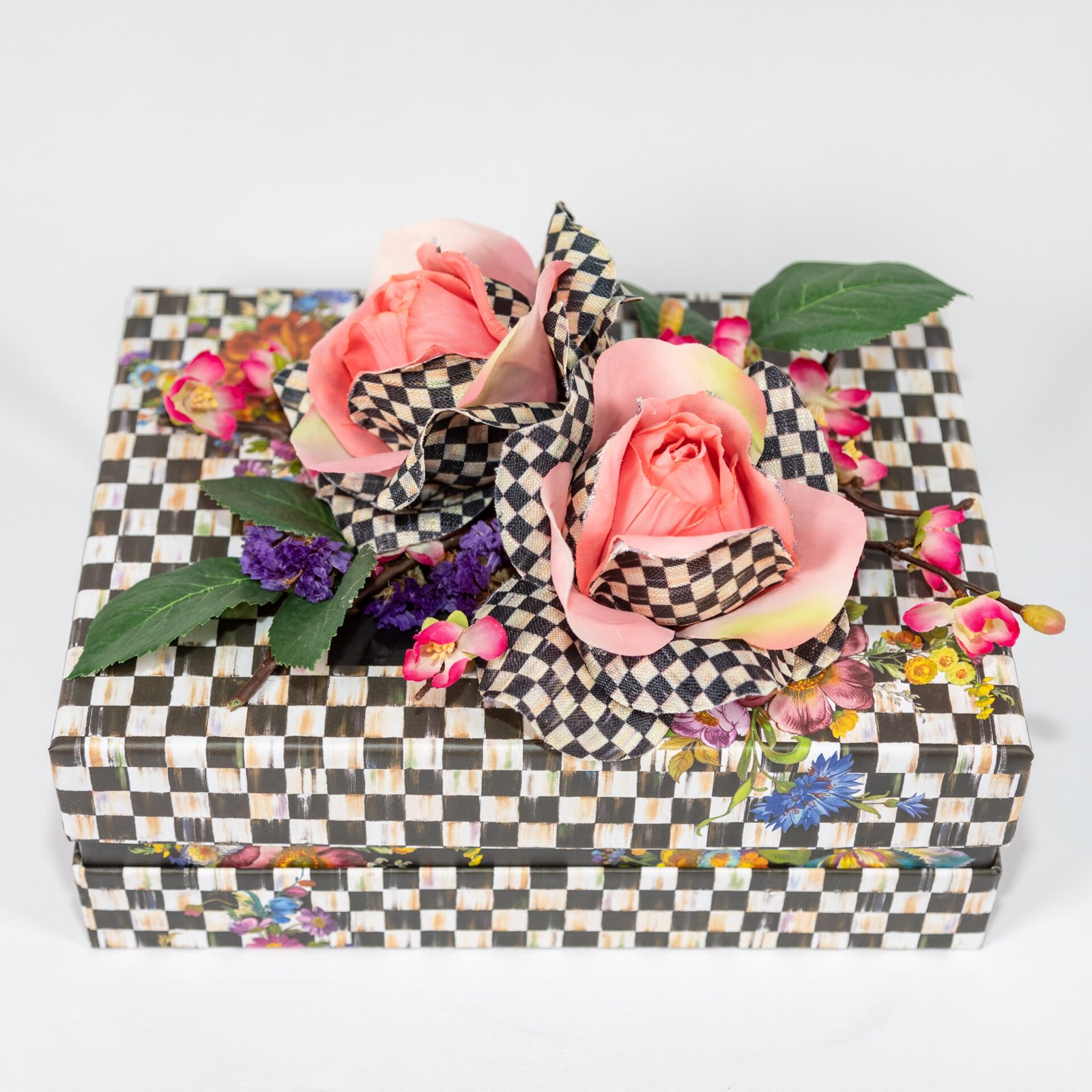 Black And White Checkered Box With Pink And Purple Flowers