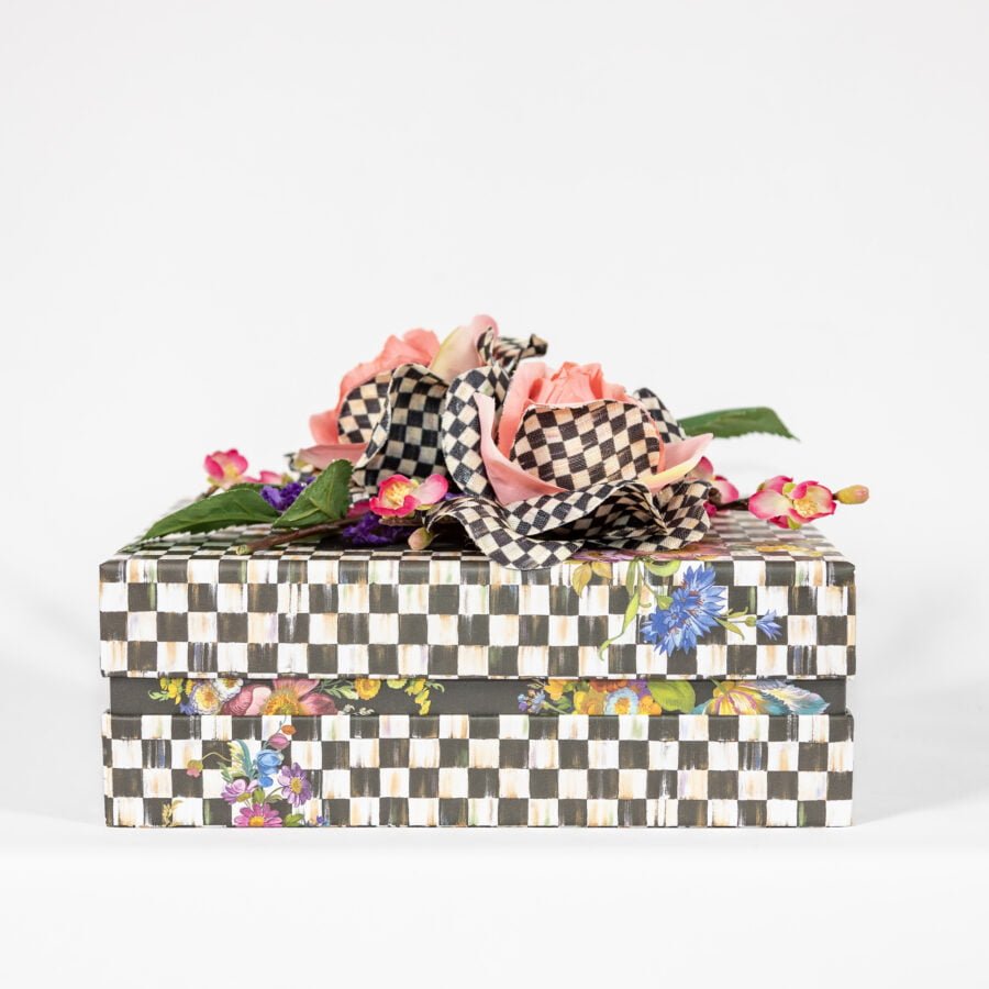 Black And White Checkered Box With Pink And Purple Flowers Front