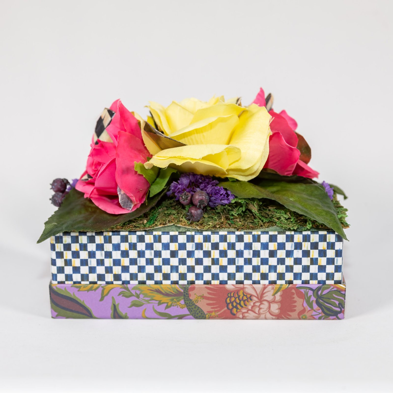 Black And White Checkered Box With Pink Yellow And Purple Flowers