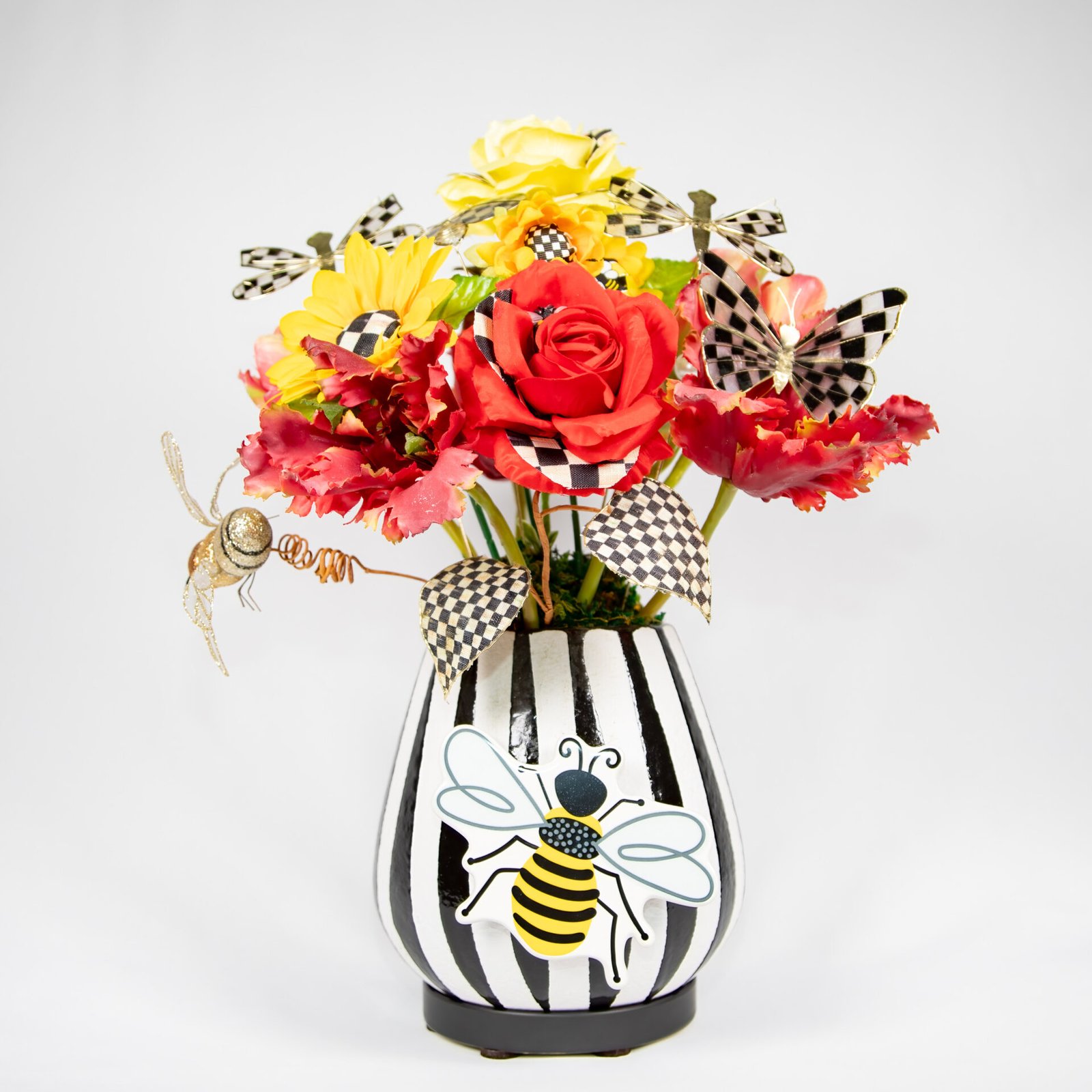 Black And White Stripe Vase With Bumble Bee And Red And Yellow Flowers