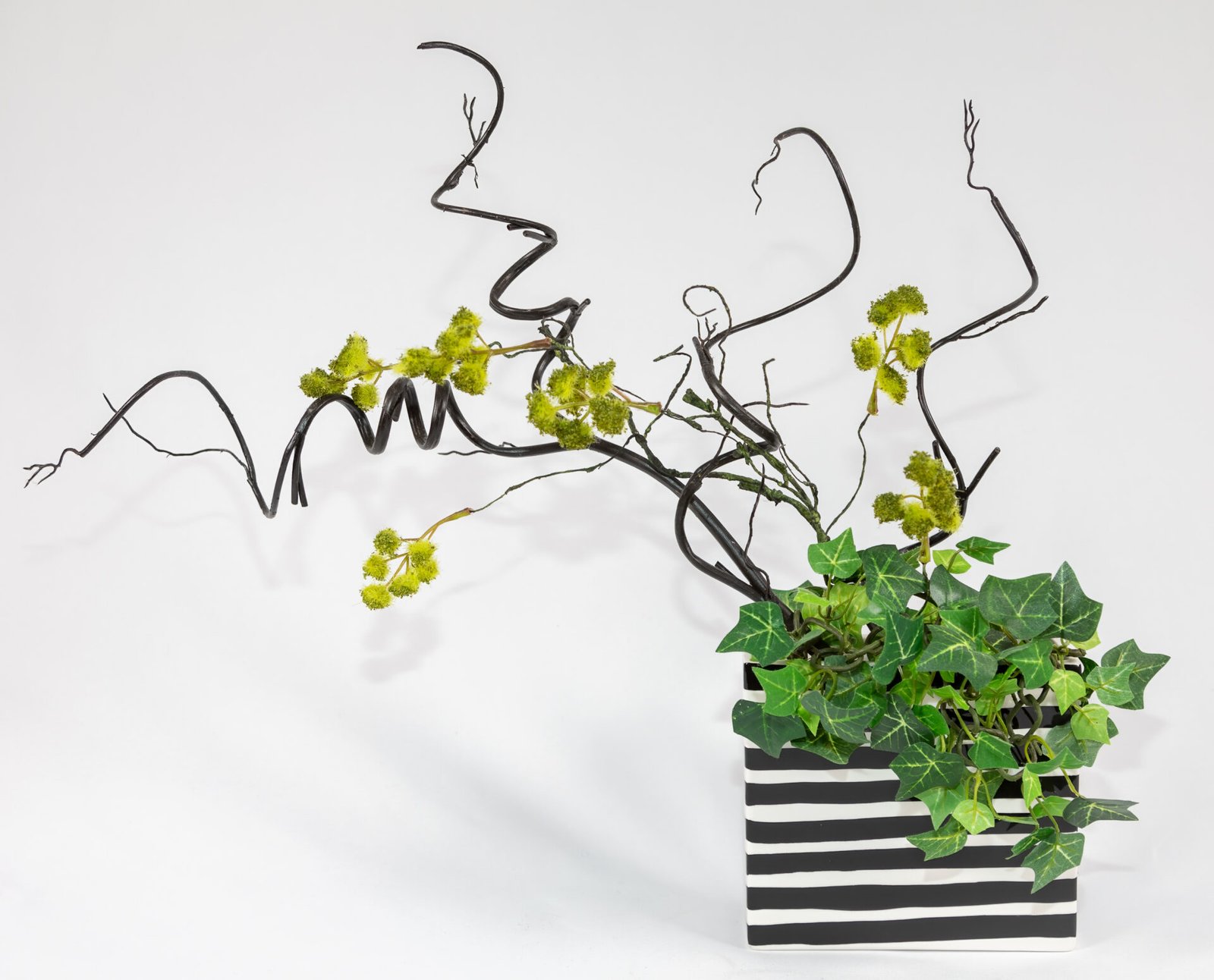 Black And White Striped Rectangular Vase With Ivy And Green Flowers