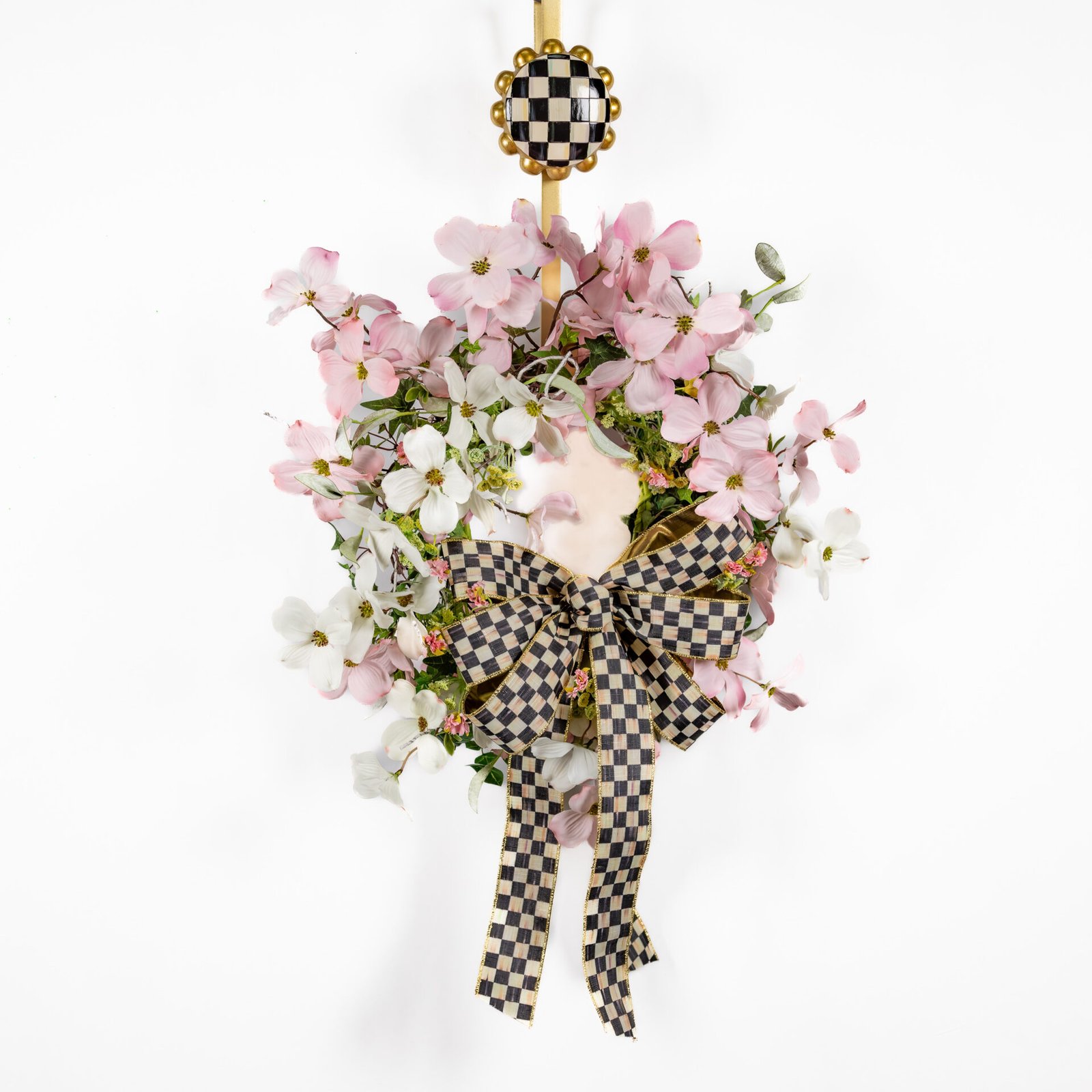 Large Black And White Checkered Wreath With Matching Door Hanger And Pink And White Flowers