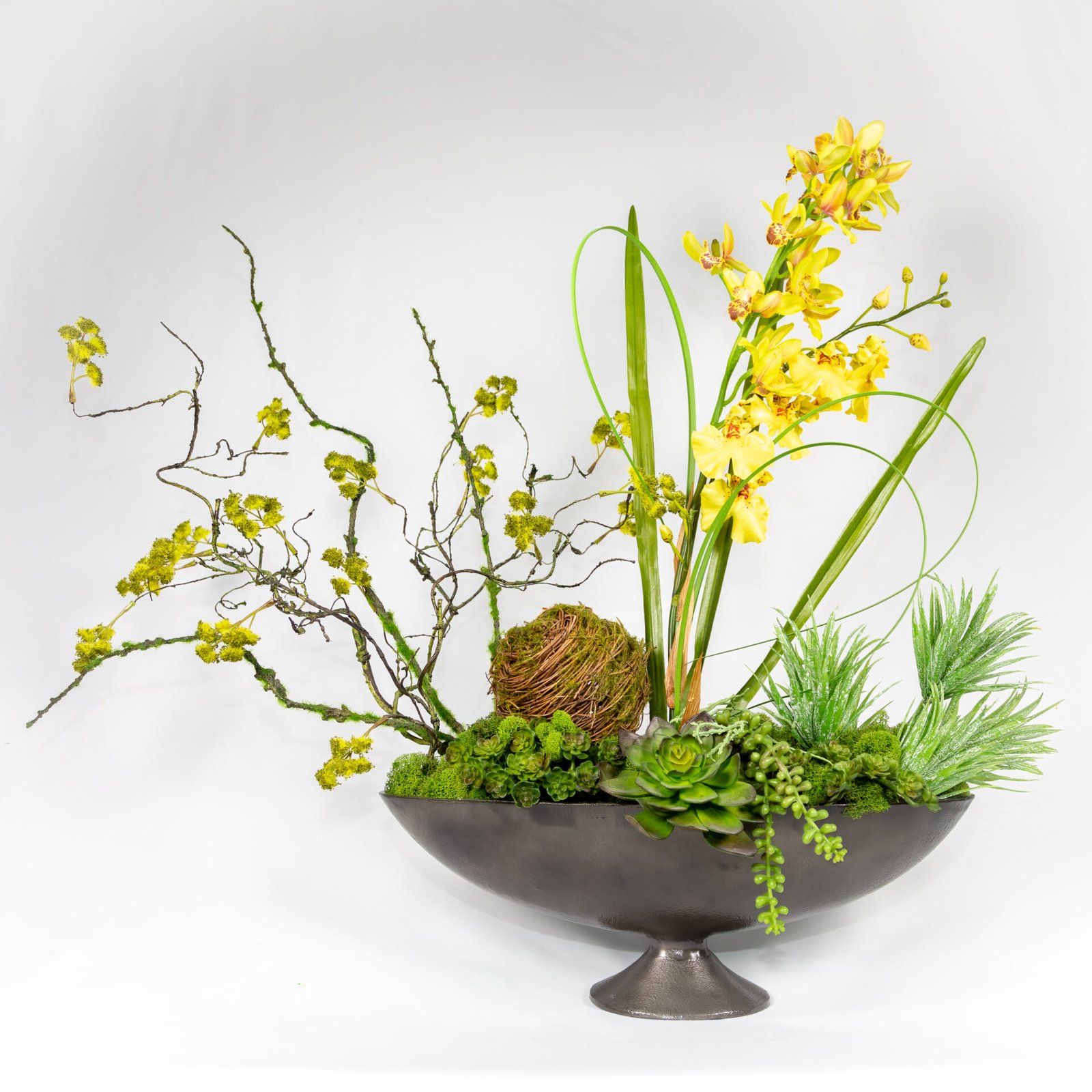 Large Pedestal Bowl With Yellow Flowers And Green Buds