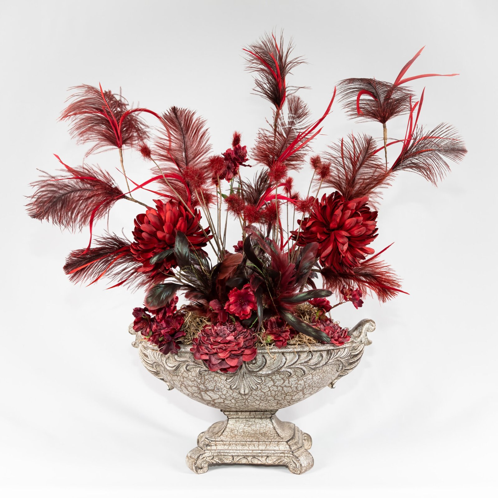 Large Trophy Vase With Deep Red Flowers And Feathers