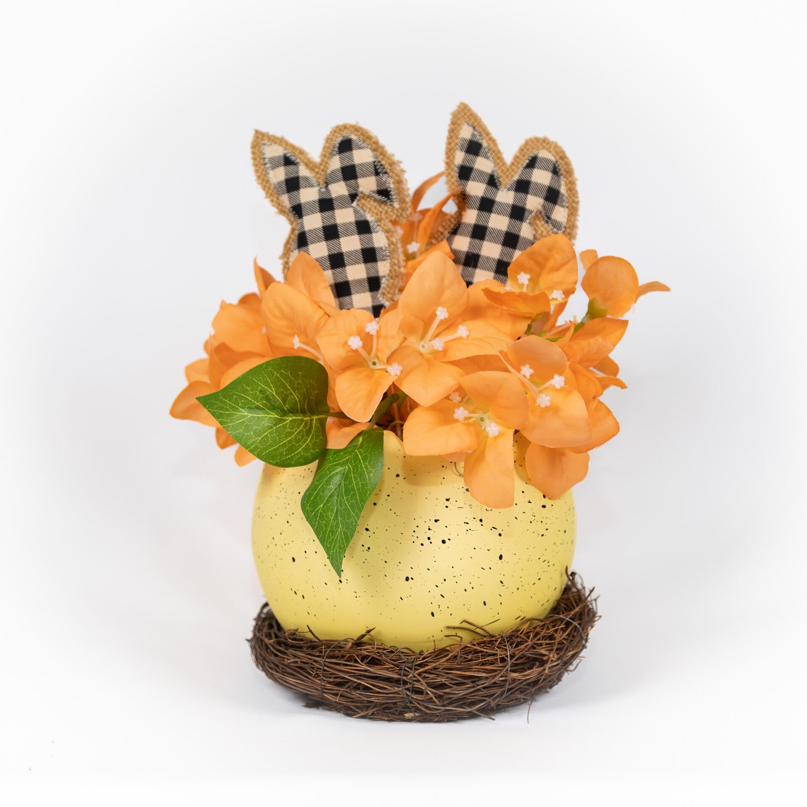 Small Round Yellow Vase With Orange Flowers And Bunnies