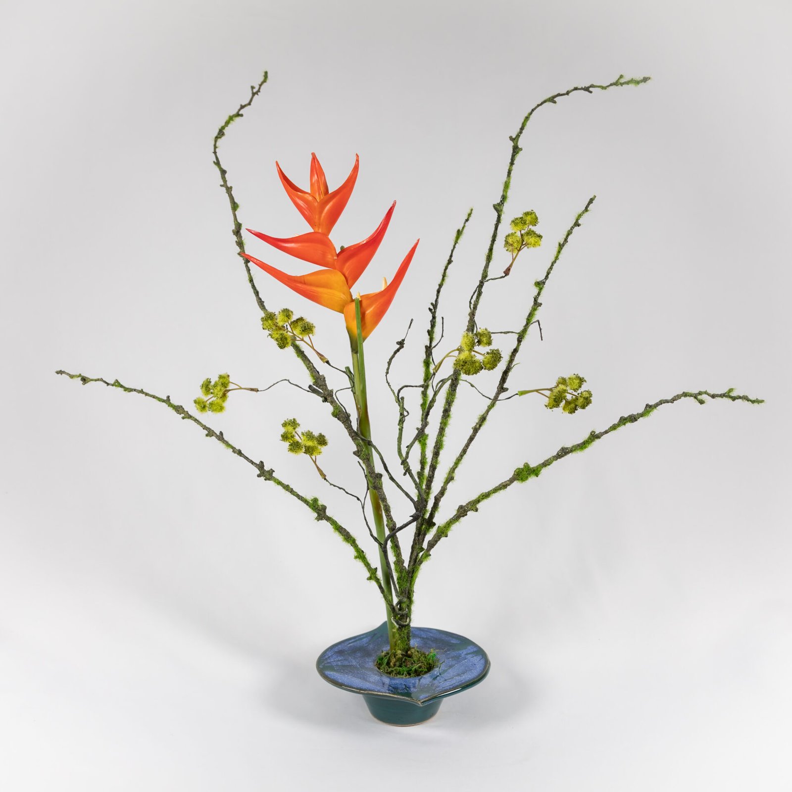 Small Teardrop Blue Vase With Orange Bird Of Paradise