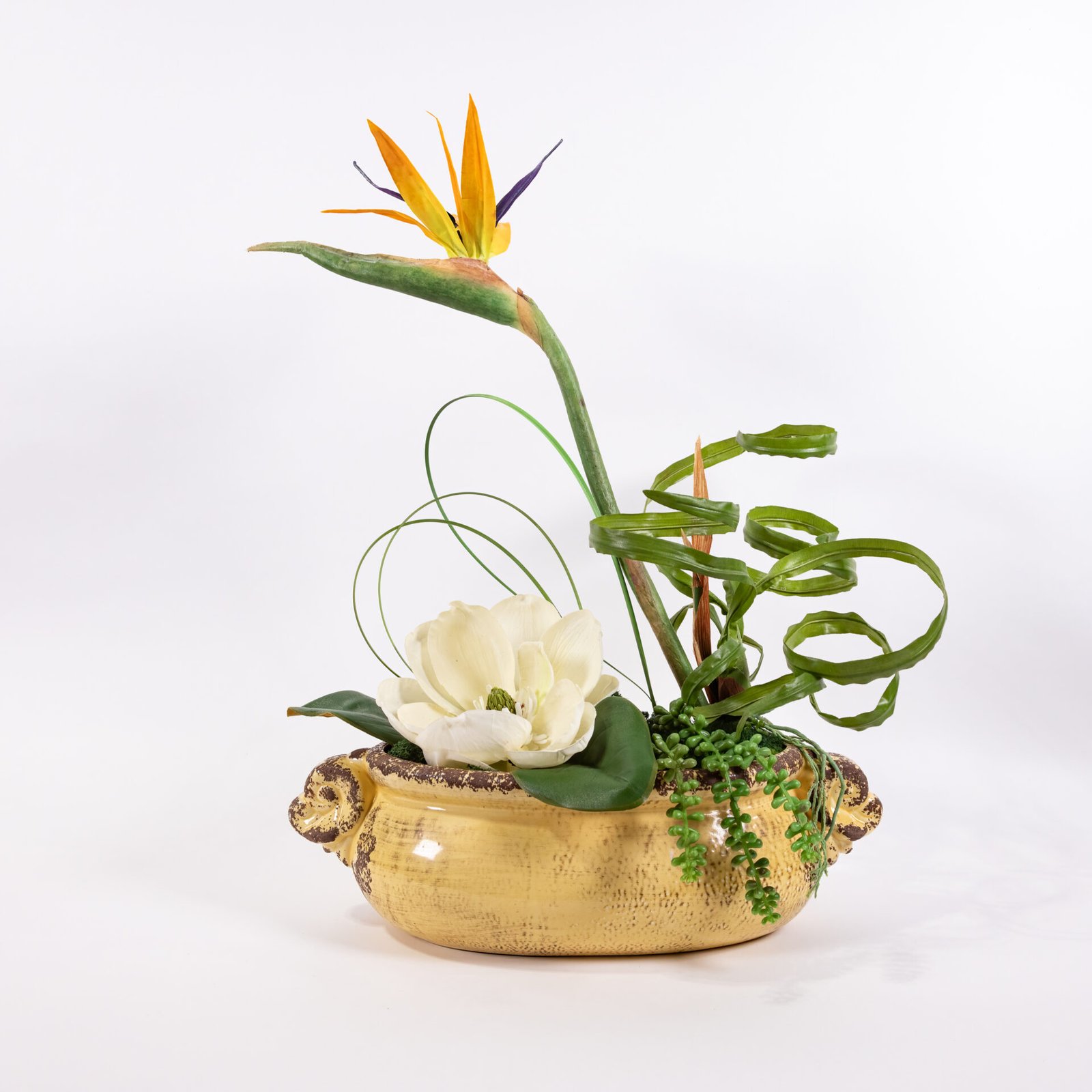 Antique Blonde Oblong Vase With Bird Of Paradise And Magnolia Blossom