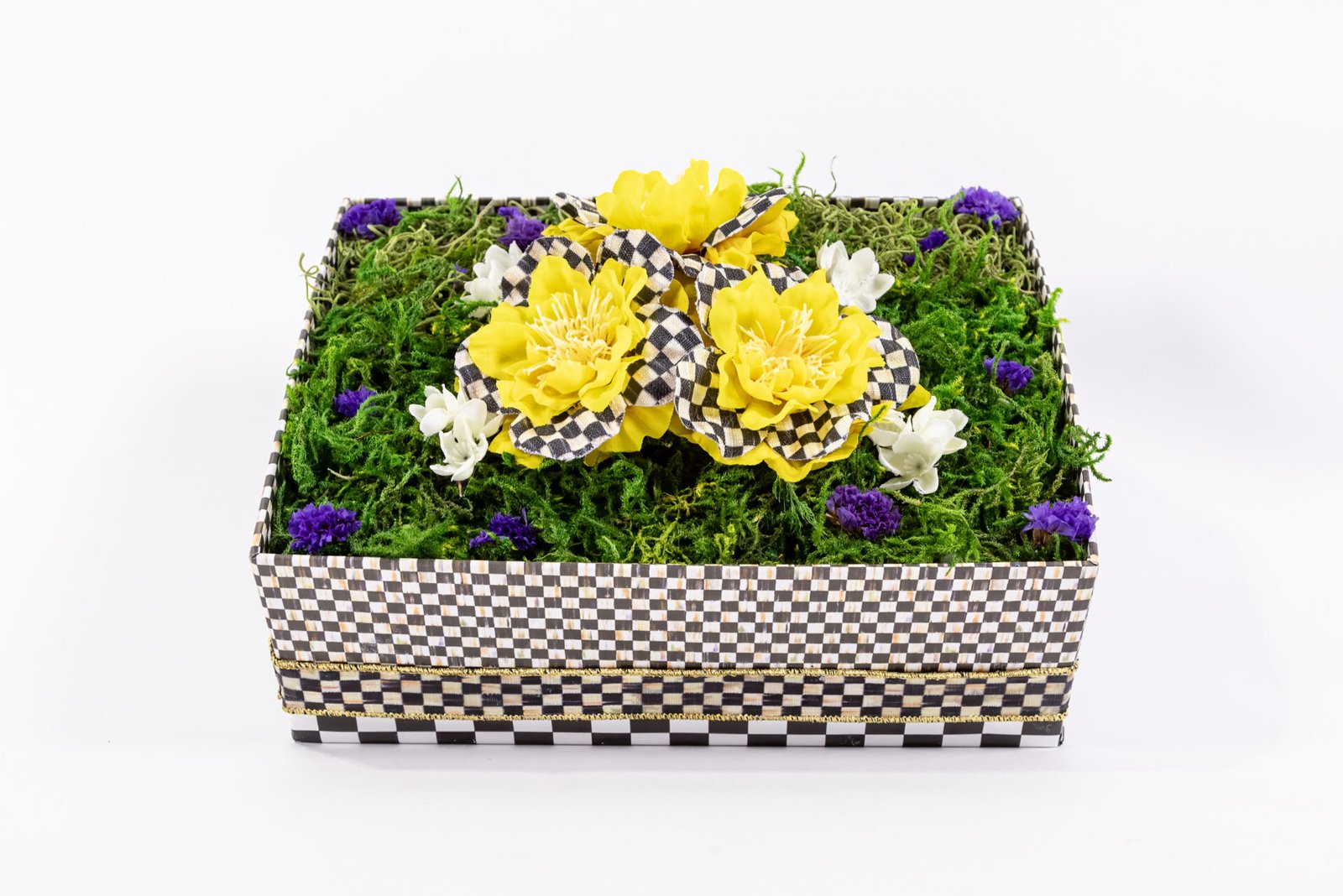 Black And White Checkered Box With Yellow And Purple Flowers
