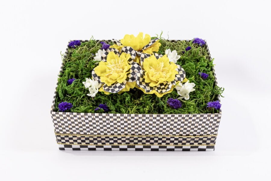 Black And White Checkered Box With Yellow And Purple Flowers Fro