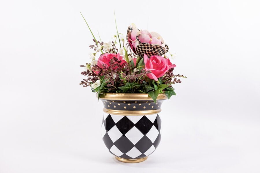 Black And White Checkered Vase With Deep Pink Roses