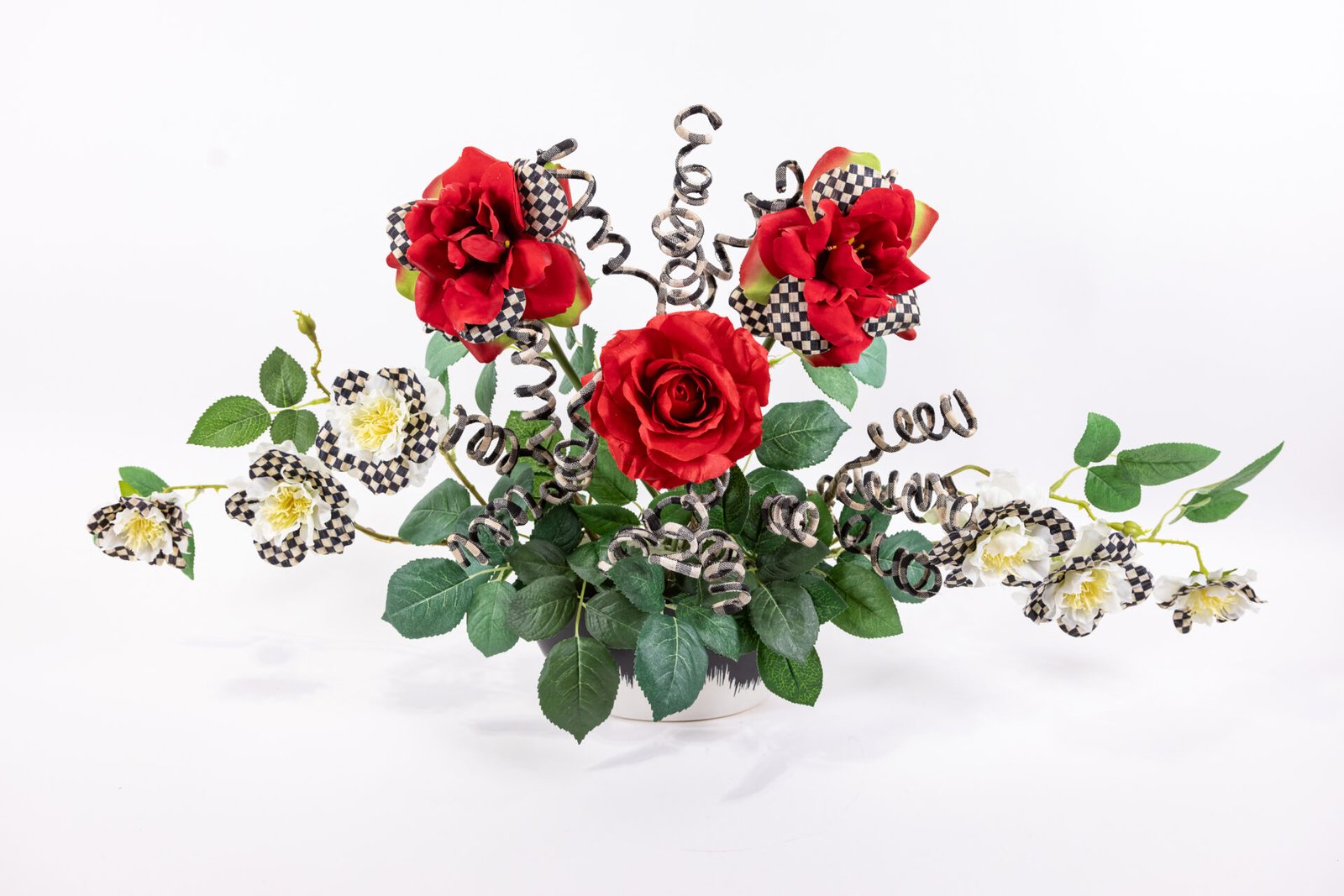 Black And White Vase With Red Roses And Checkered Petals