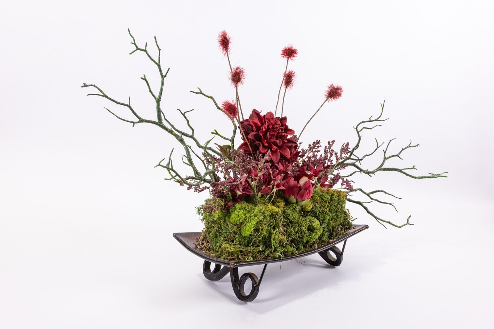 Brown Curved Tray Stand With Red Flowers And Branch