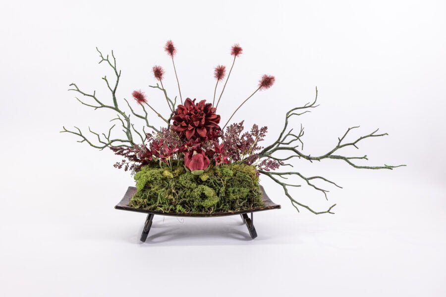 Brown Curved Tray Stand With Red Flowers And Branch