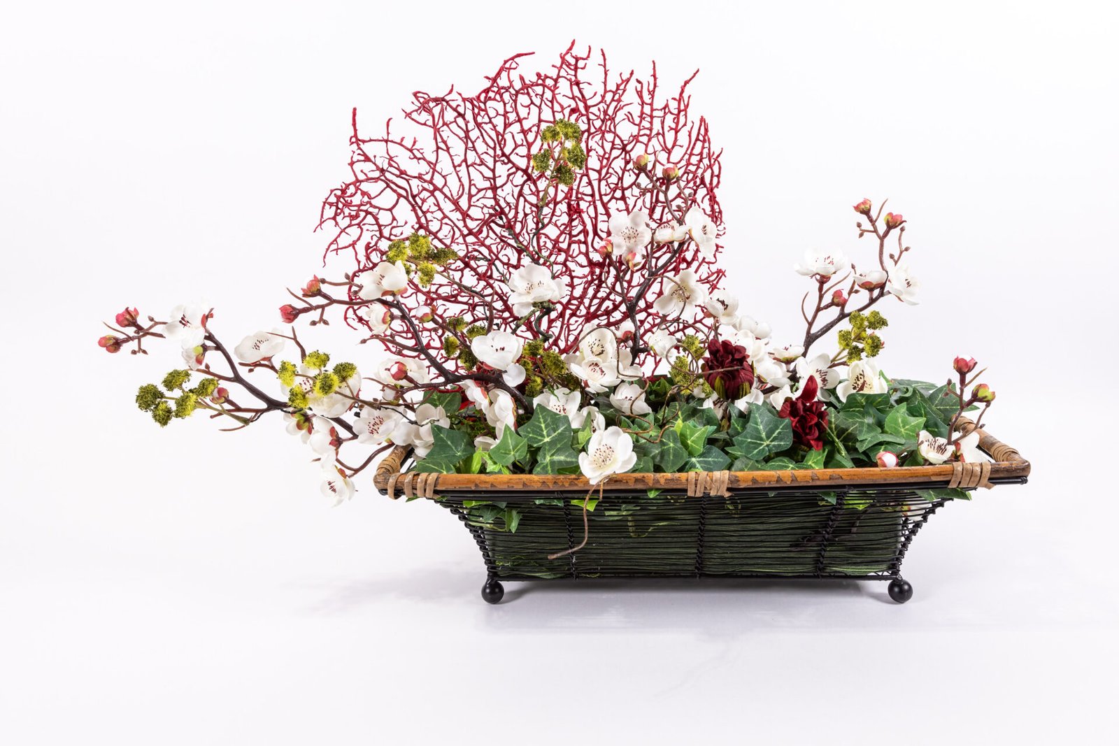 Brown Rectangular Basket With Red Coral Plant Pink Flowers And Ivy