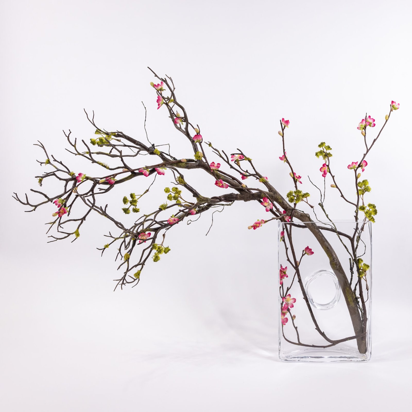 Clear Rectangular Vase With Pink Blossoms On Branch