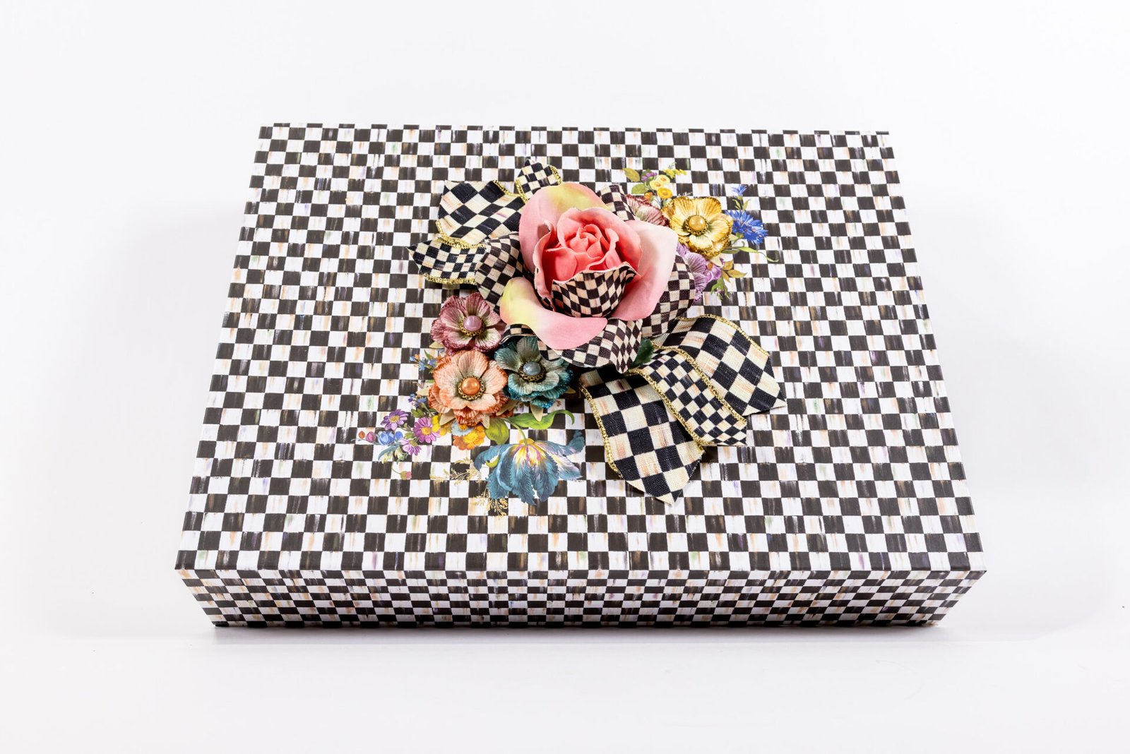 Large Black And White Checkered Box With Pink Flowers