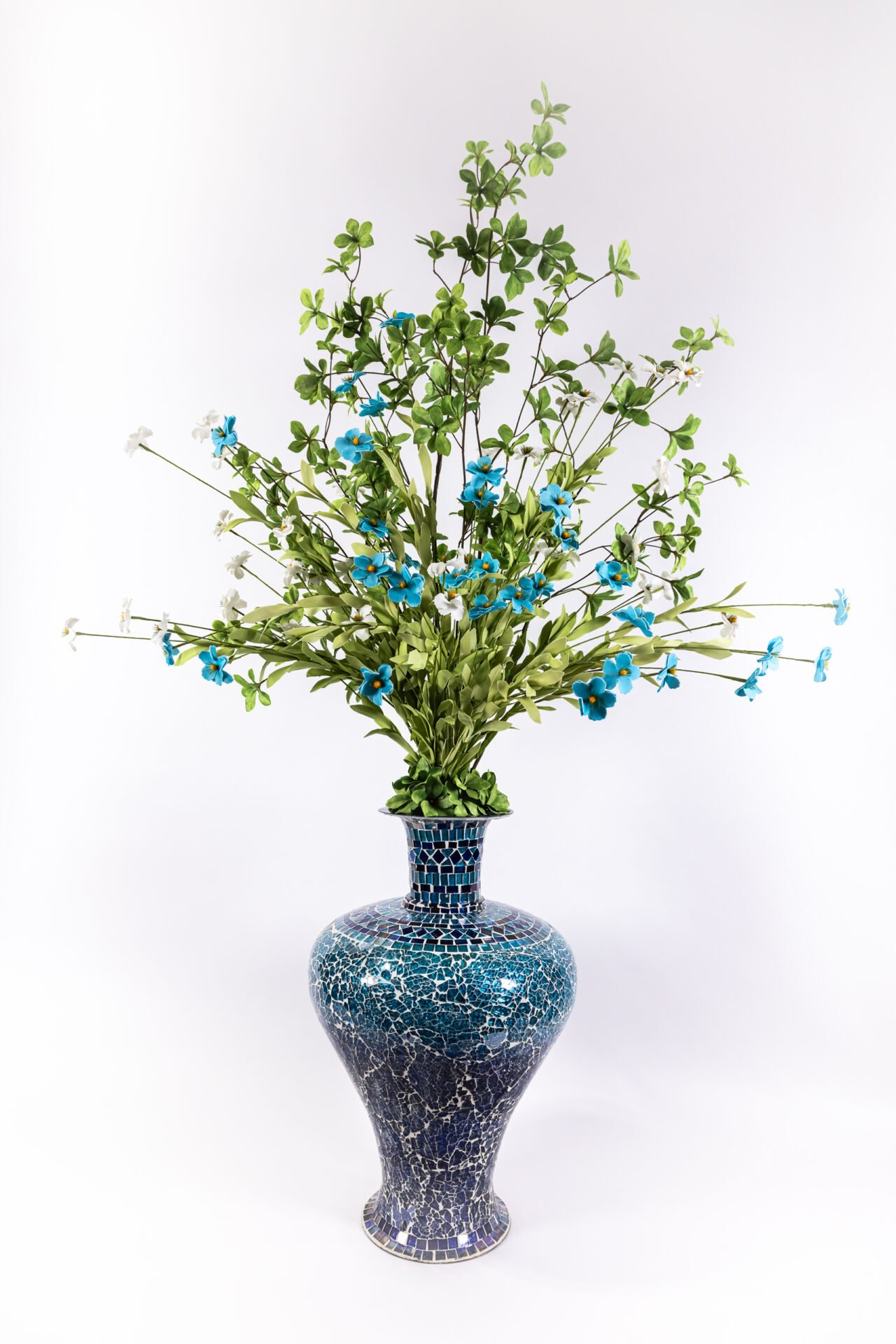 Large Mosaic Vase With Teal And White Flowers