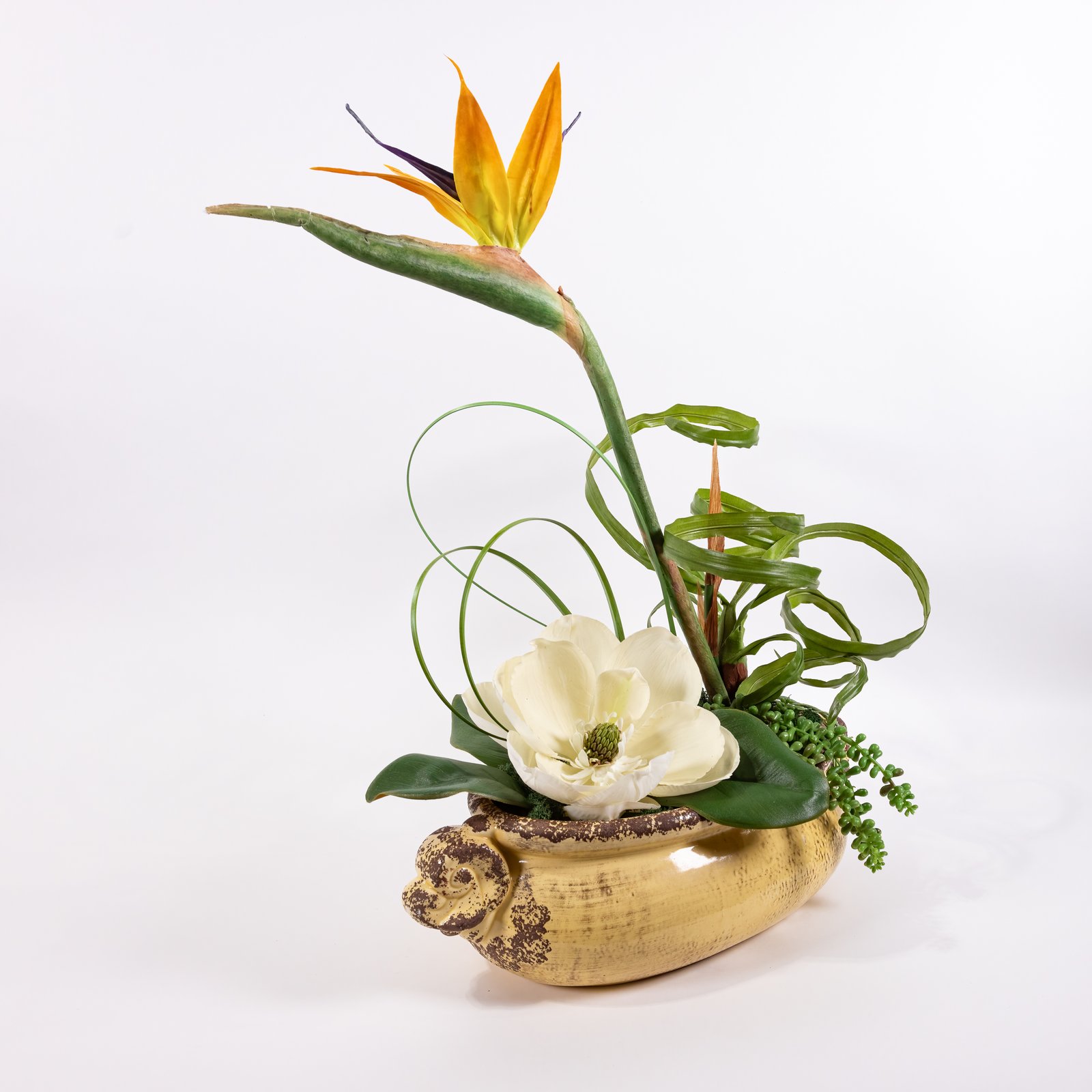 Antique Blonde Oblong Vase With Bird Of Paradise And Magnolia Blossom - Image 2