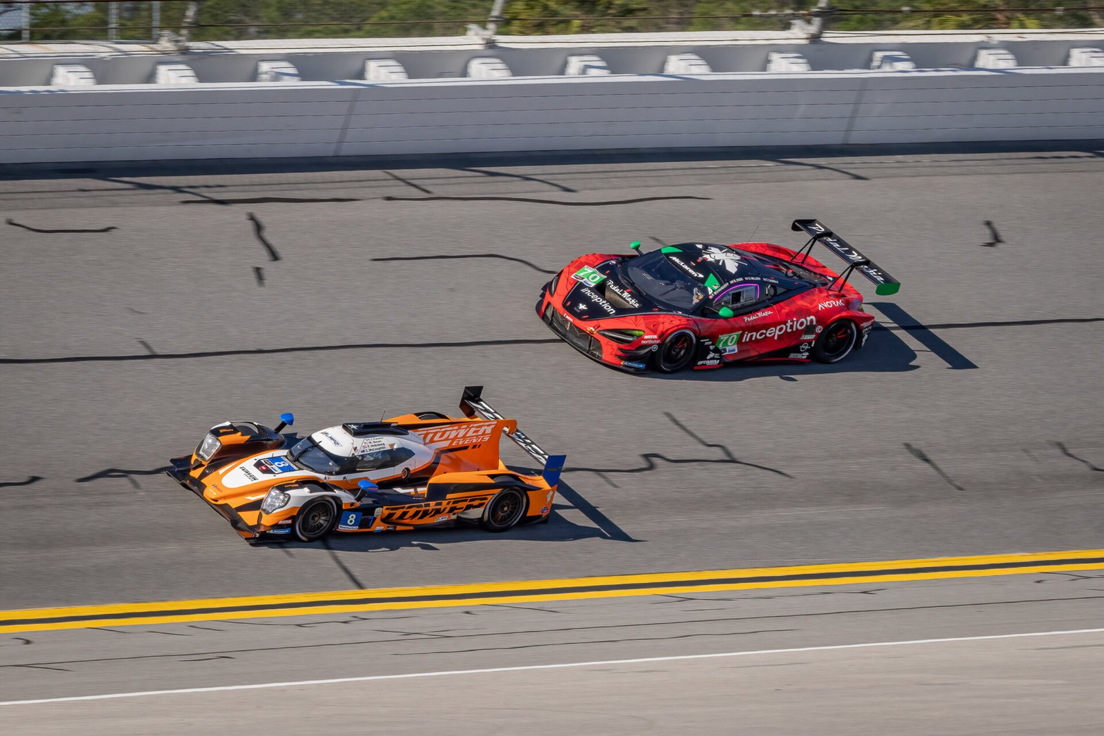 8 Tower Motorsports Oreca And 70 Inception Racing Mclaren In Turn 1 At Daytona International Speedway 2024