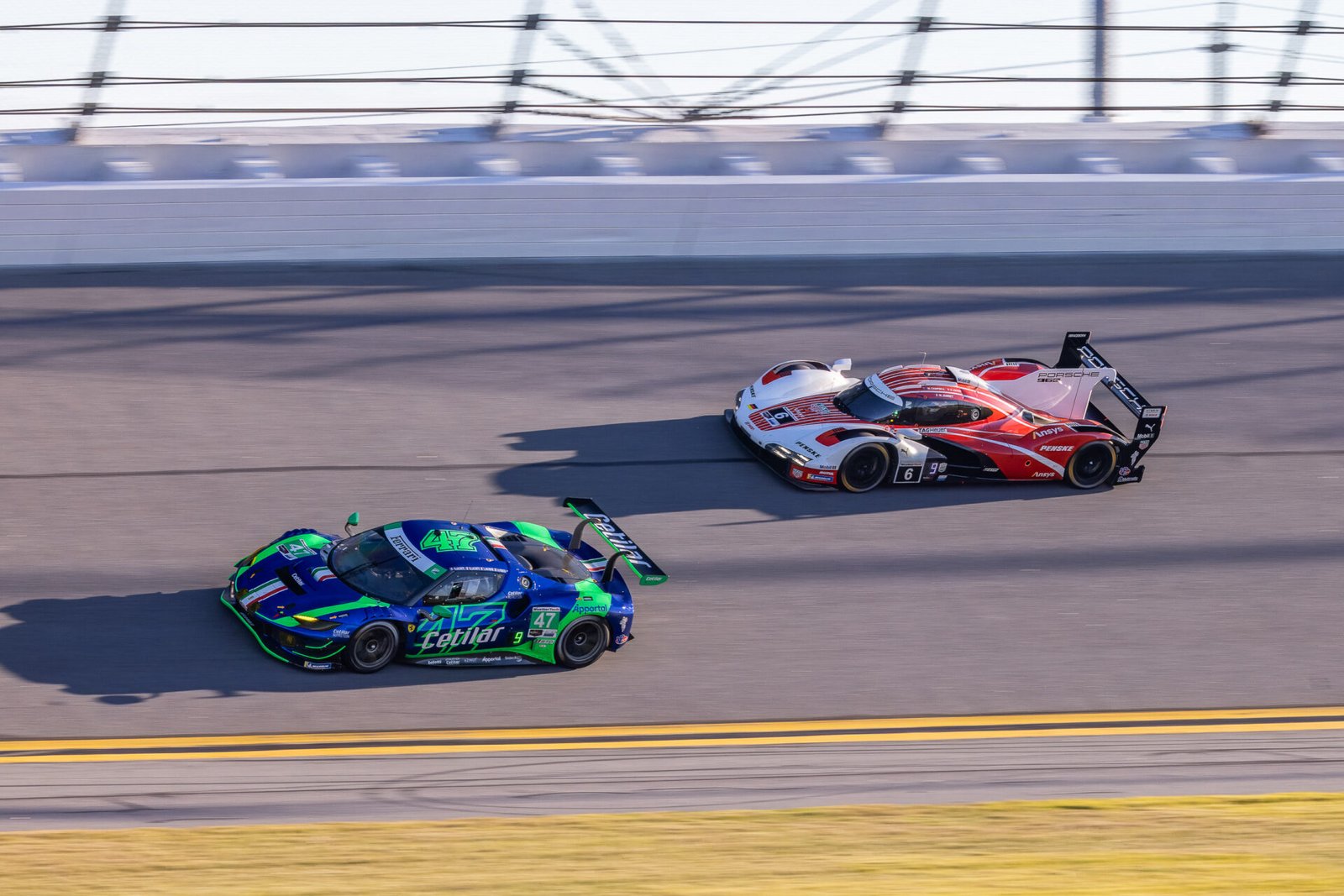 47 Cetilar Racing Ferrari And 6 Penske Motorsports Porsche On Turn 1 Banking At Daytona International Speedway 2025