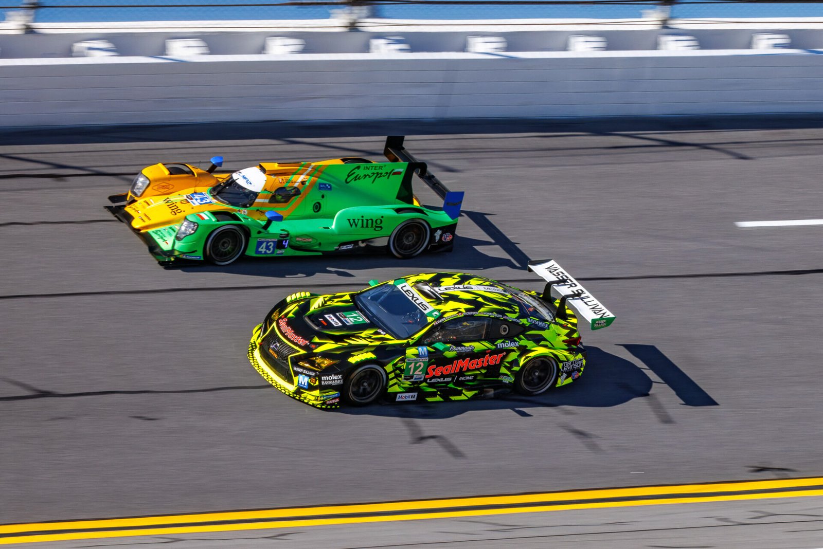 12 Vasser Sullivan Lexus And 43 Inter Europol Oreca In Turn 1 At Daytona International Speedway 2025