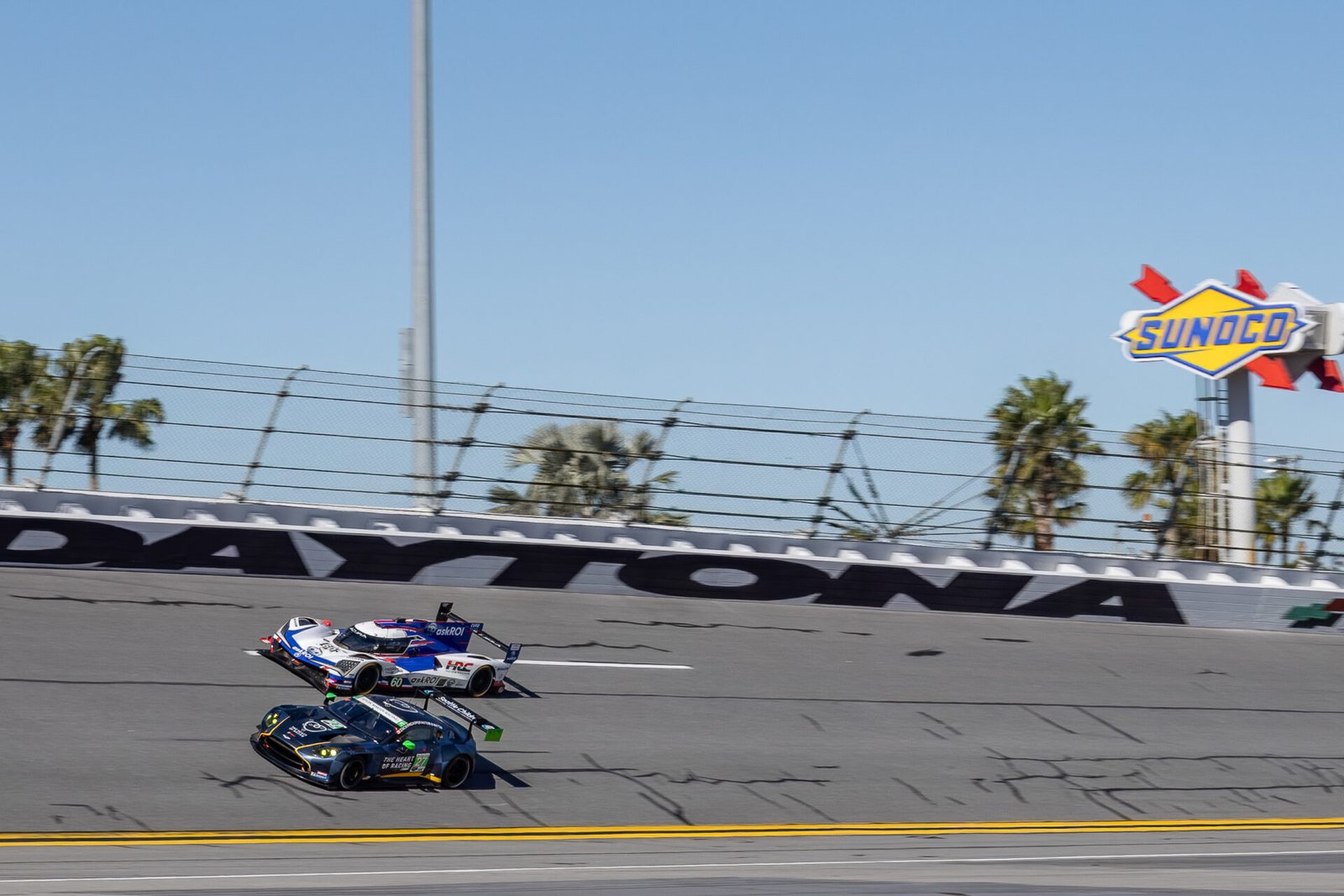 60 Meyer Shank Acura And 27 Heart Of Racing Aston Martin On Turn 1 Banking At Daytona International Speedway 2025