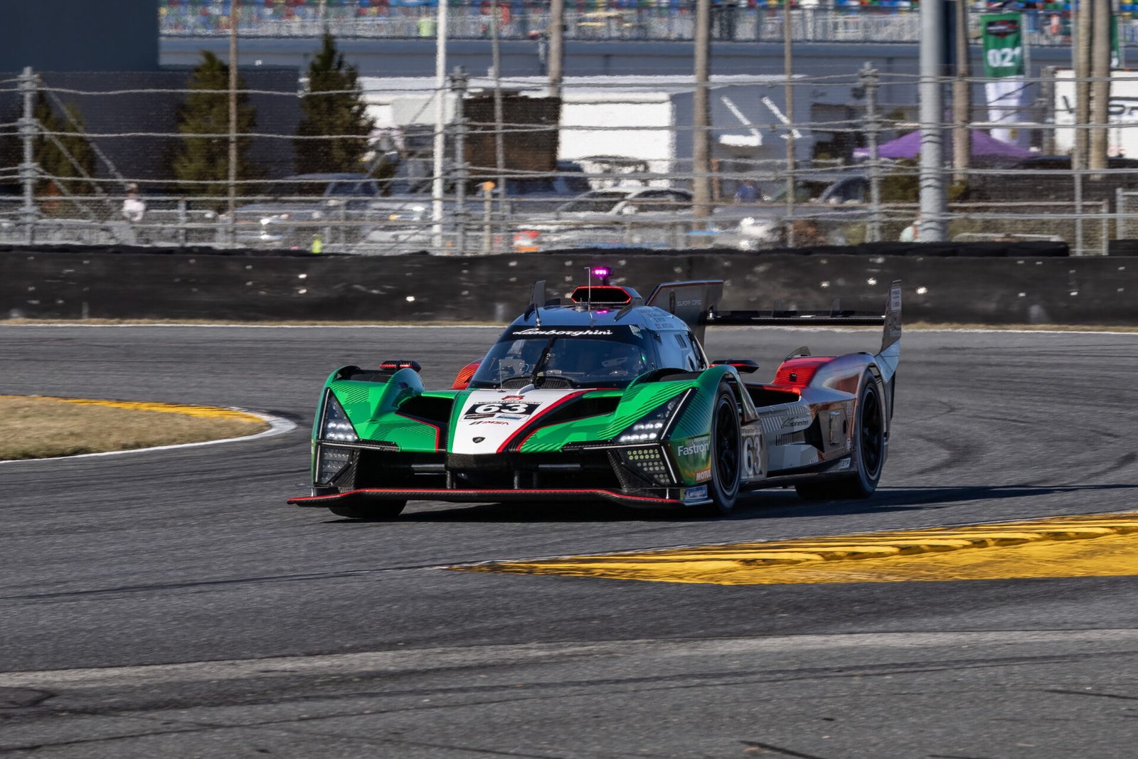 63 Automobili Lamborghini Turning Through International Horseshoe At Daytona International Speedway 2025