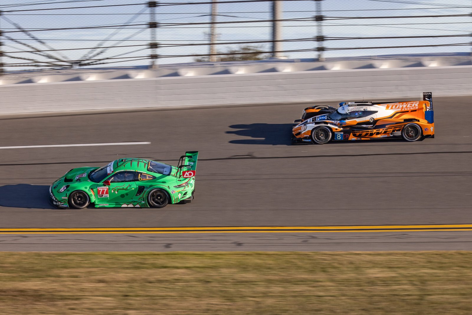 8 Tower Motorsports Oreca And 77 Ao Racing Porsche In Turn 1 At Daytona International Speedway 2025
