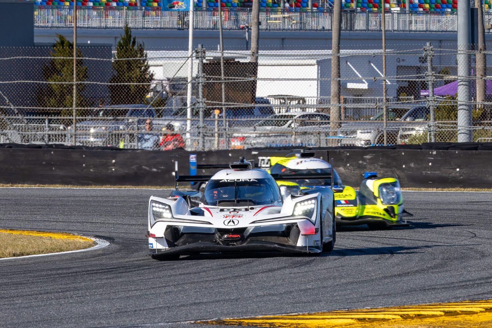 93 Meyer Shank Acura Turning Through International Horseshoe At Daytona International Speedway 2025