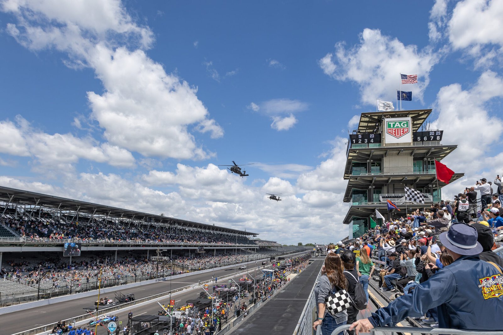 Blackhawk Helicopters Fly Over Main Straight On Carb Day At Indianapolis