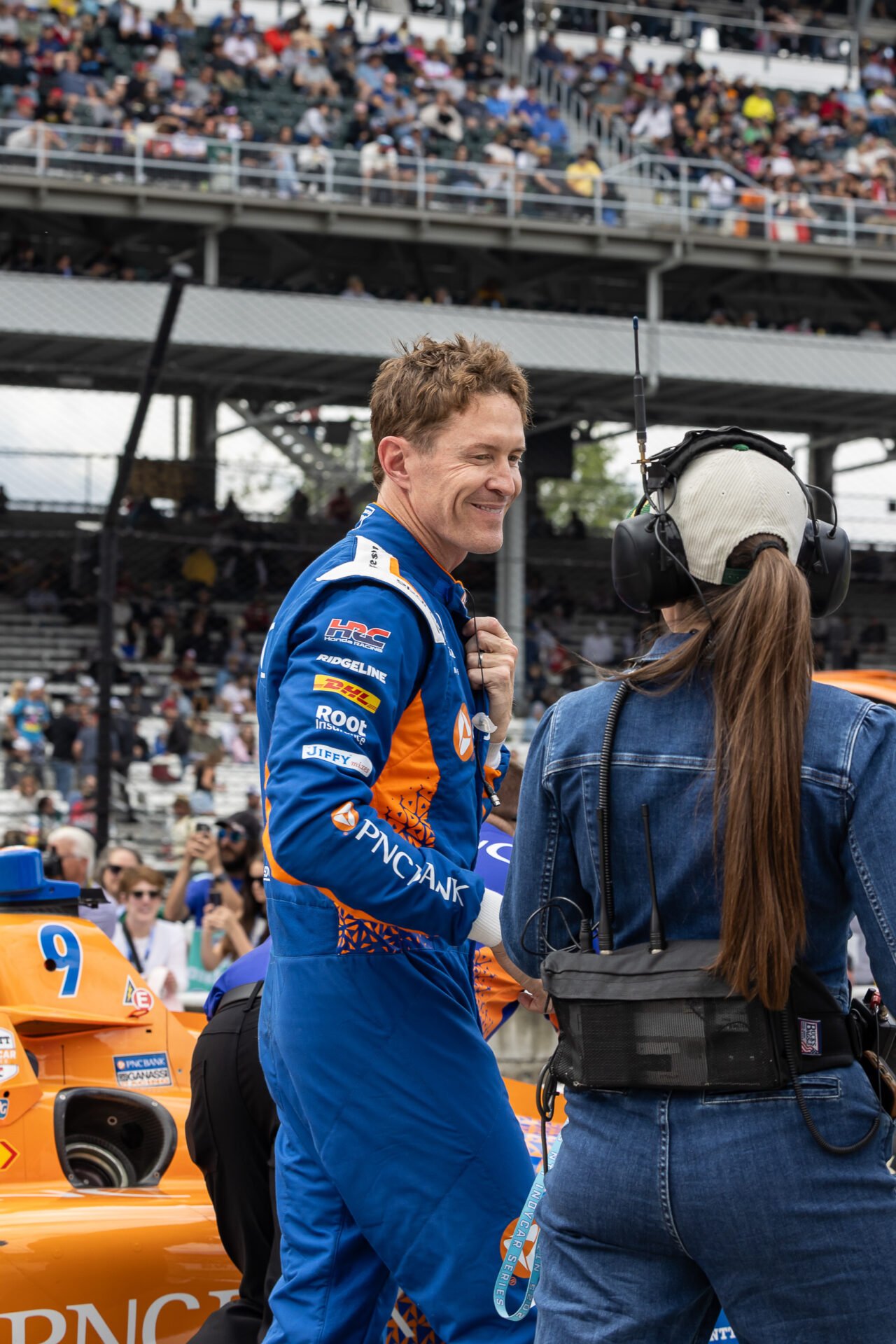 Scott Dixon Visits With Reporter During Pit Stop Contest At Indianapolis 2025