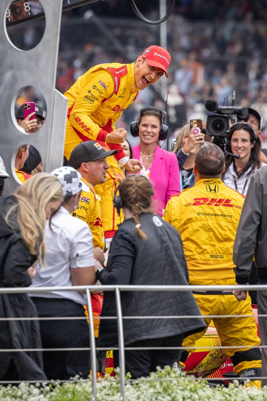 Alex Palou Celebrates With Team After 2025 Indy 500 Win In Victory Lane