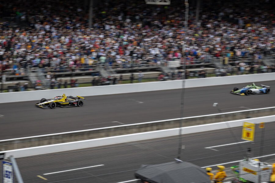 Colton Herta Leads Helio Castroneves Down Main Straight During 2025 Indy 500