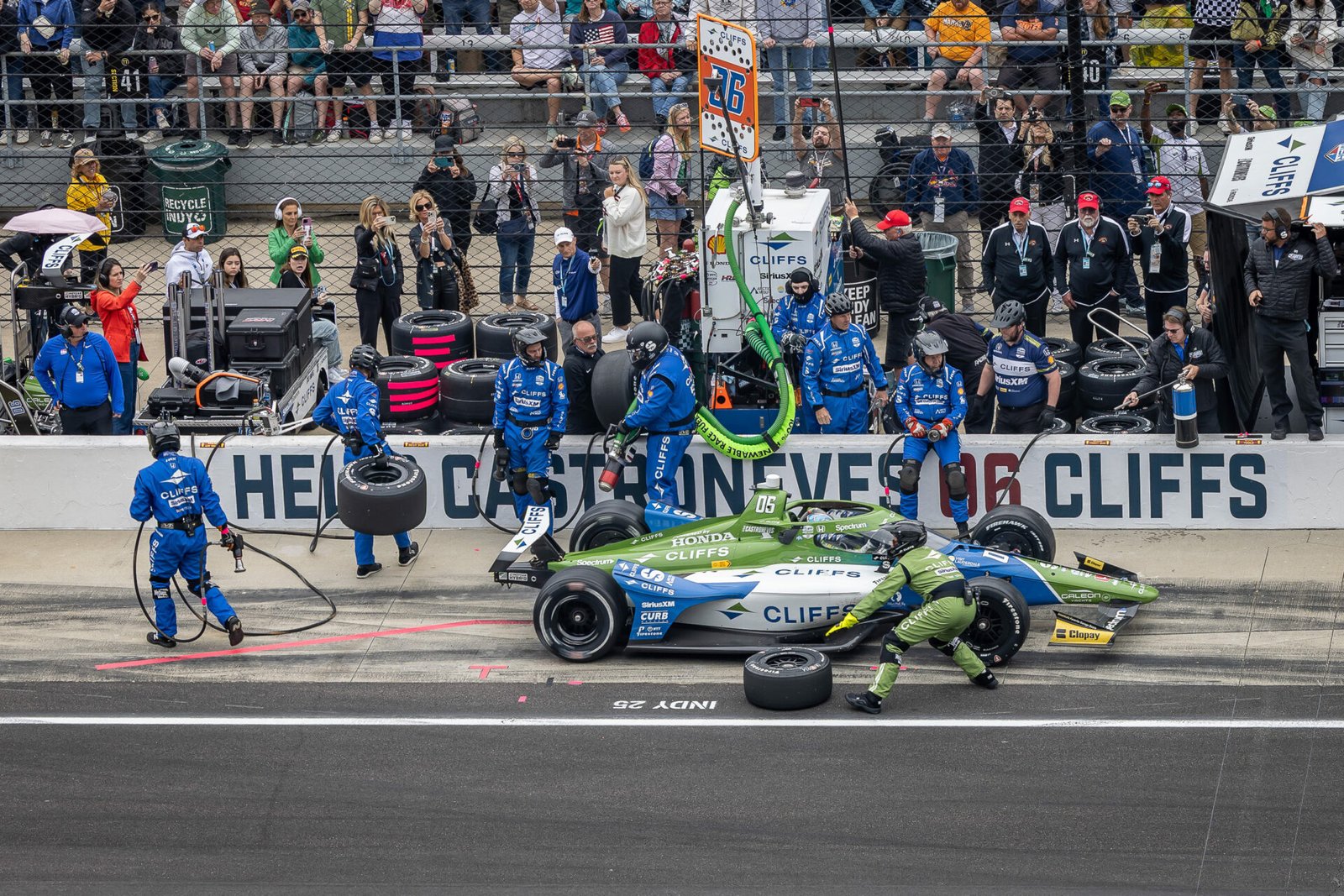 Helio Castroneves Team Completes Pit Stop At 2025 Indy 500