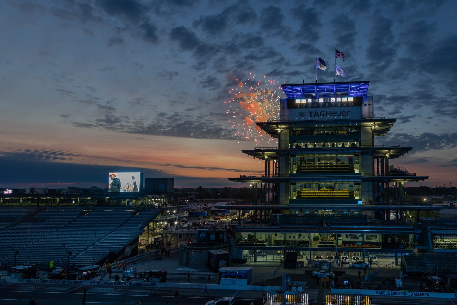 Fireworks Behind Indianapolis Motor Speedway Pagoda At Sunrise B