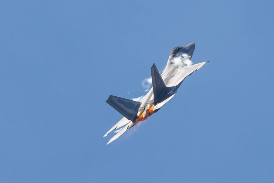 Air Force F 22 Raptor Engages Afterburners For High Speed Climb