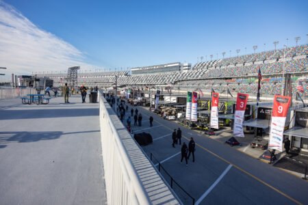View of the Front Stretch at Daytona International Speedway from the Garage Roof