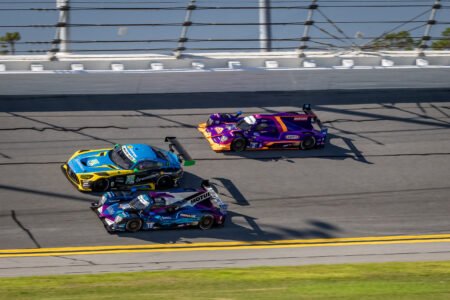 80 Mercedes with 18 Gibson and 2 Oreca in Turn 1 at Daytona International Speedway - 2024