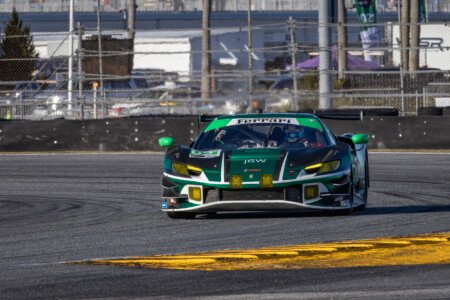 021 Triarsi Competizione Ferrari Turning Through the International Horseshoe at Daytona International Speedway - 2025 021 Triarsi Competizione Ferrari In International Horseshoe At D