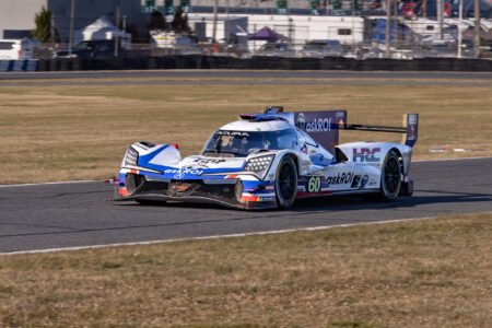 60 Meyer Shank Acura on the Short Straight Toward the West Horseshoe at Daytona International Speedway - 2025