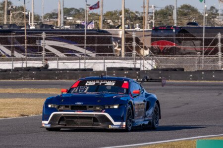 65 Ford Multimatic Motorsports Mustang Heading Toward the West Horseshoe at Daytona International Speedway - 2025 65 Ford Multimatic Motorsports Mustang Heading Toward West Horse